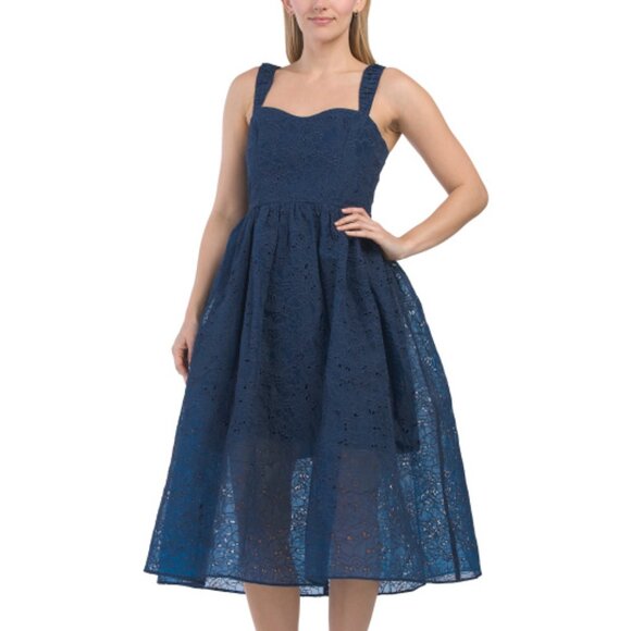 French Connection Navy Midi Dress Embroidered Sz 4  New $200 - Picture 1 of 10
